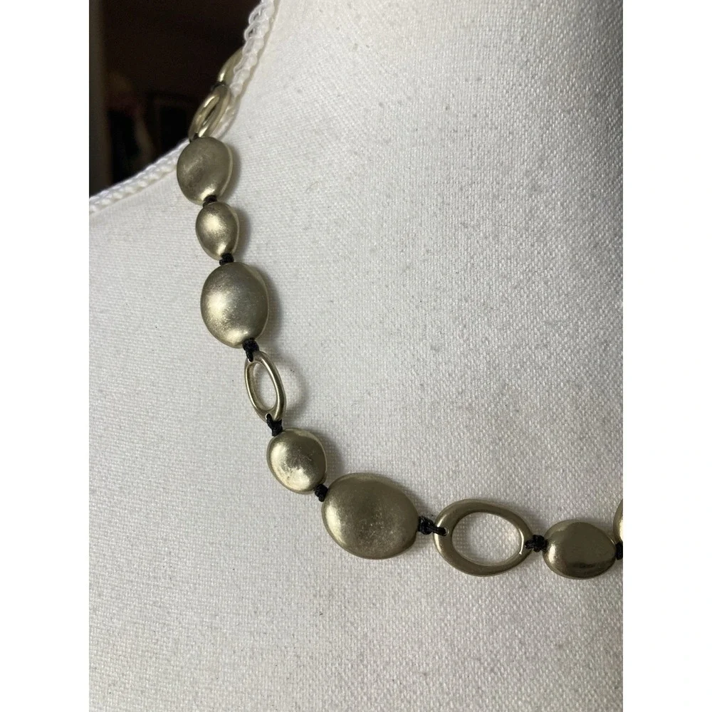 Matte Gold Tone Disc Necklace Black Cord‎ Oval Beads Tarnished Look Minimalist